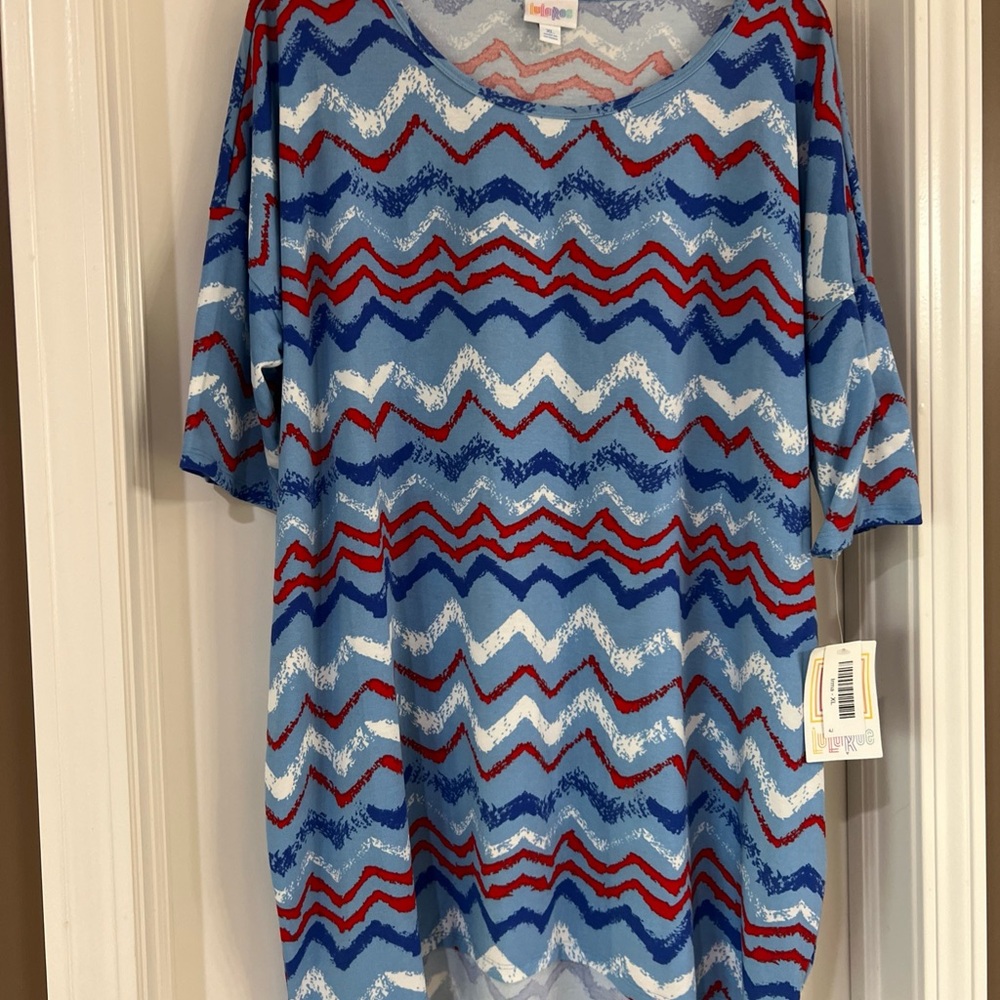 LuLaRoe Blue and Red Zigzag Top